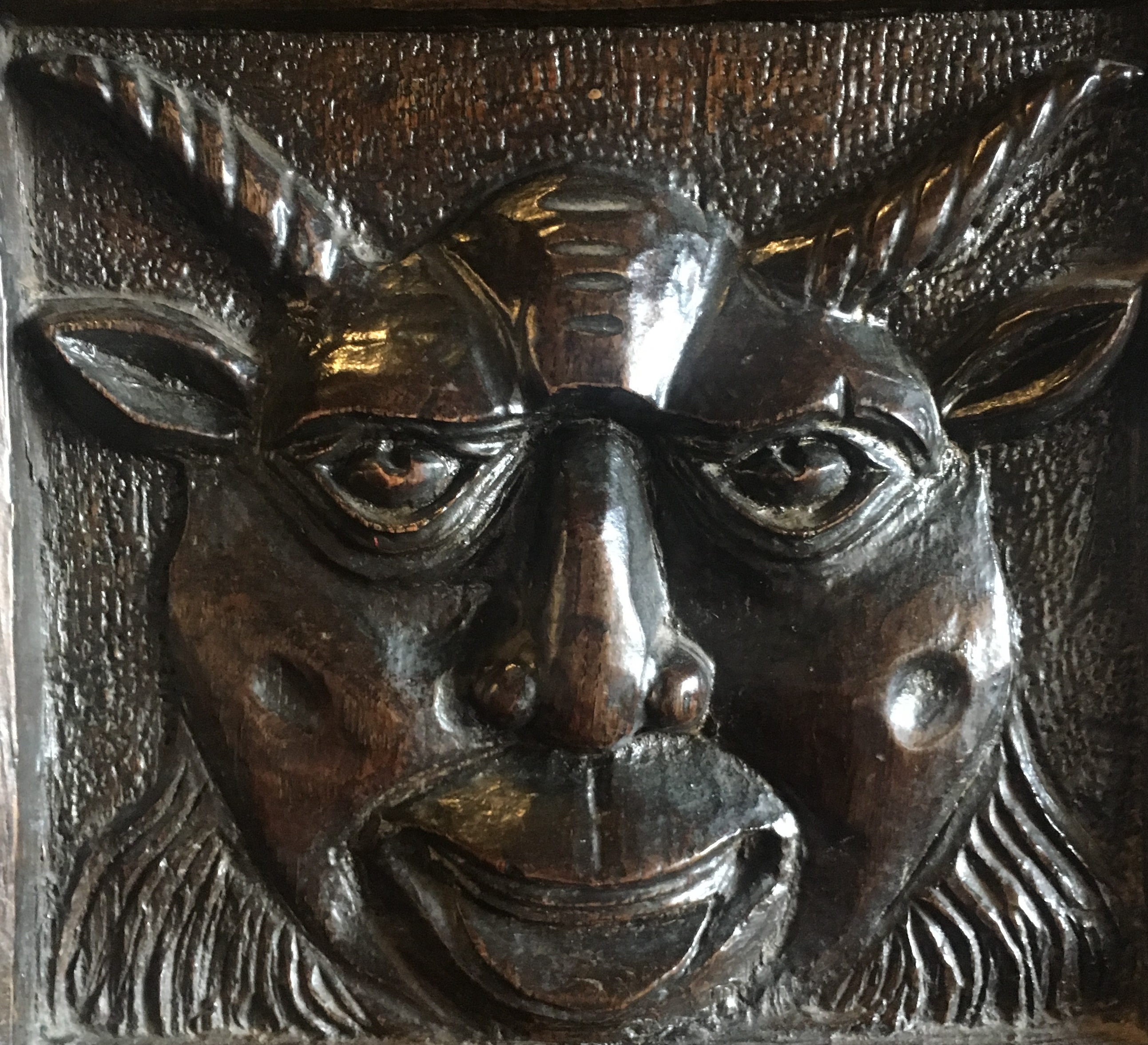Photo (c) Ana Sanchez Hijosa Grotesque carved wooden face with horns