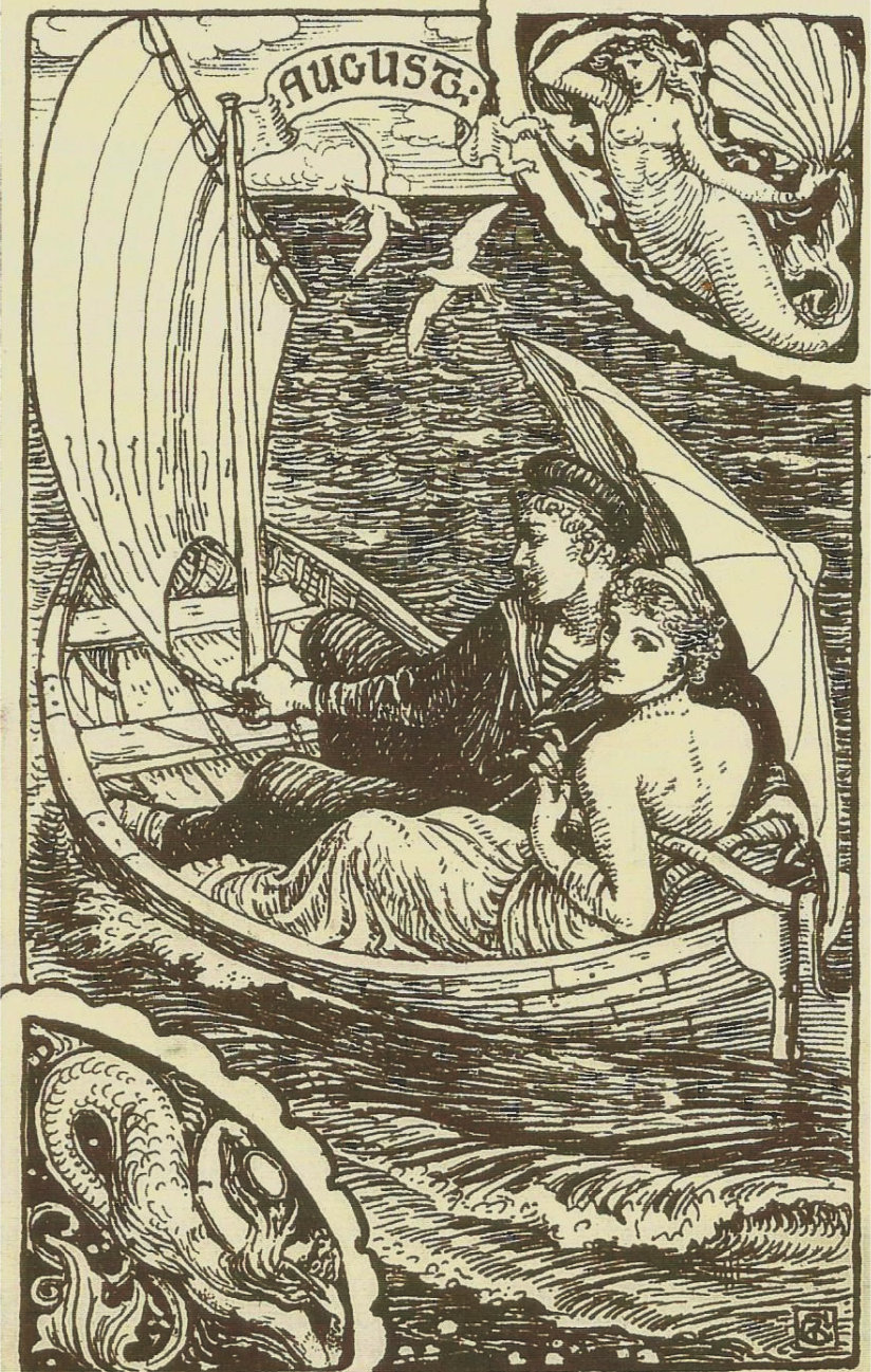 Detail of calendar design by Walter Crane 1892 Victorian couple in small boat on lake